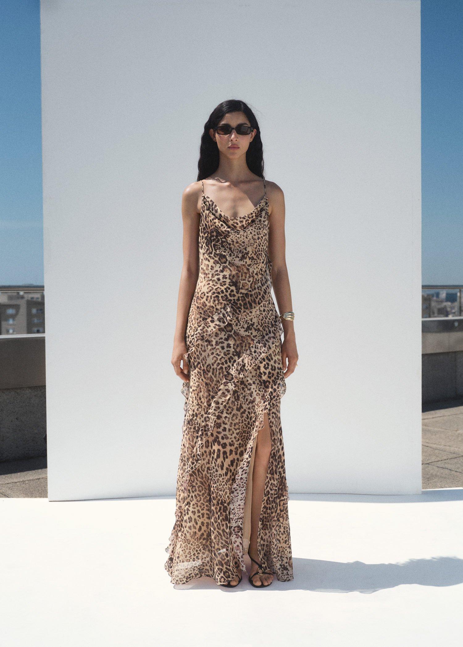 Beige Leopard Ruffled Dress With Opening, , large image number 0