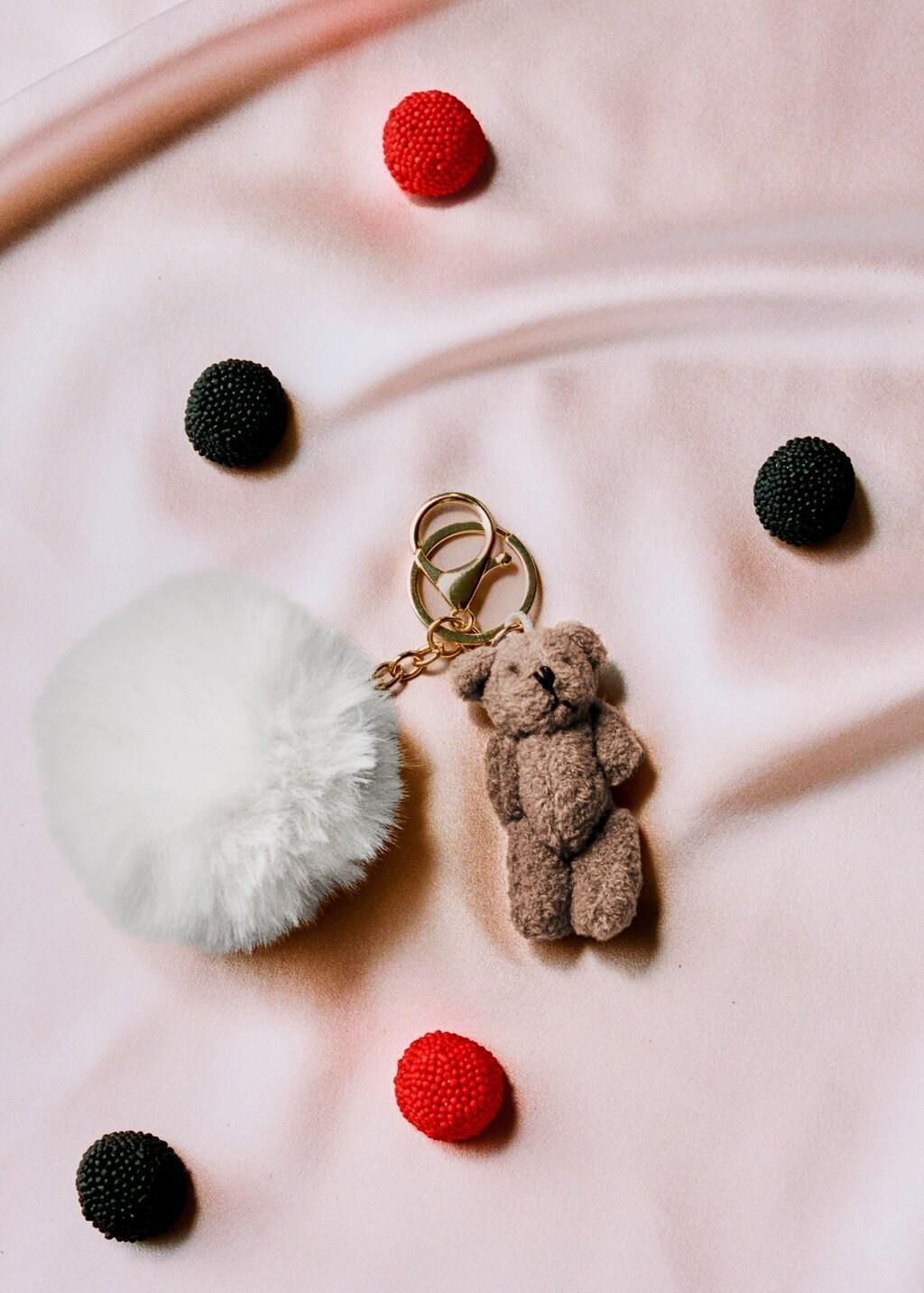 LT PASTEL BROWN Teddy bear keychain with pom-pom, Kids Girl, Light Pastel Brown, large image number 2