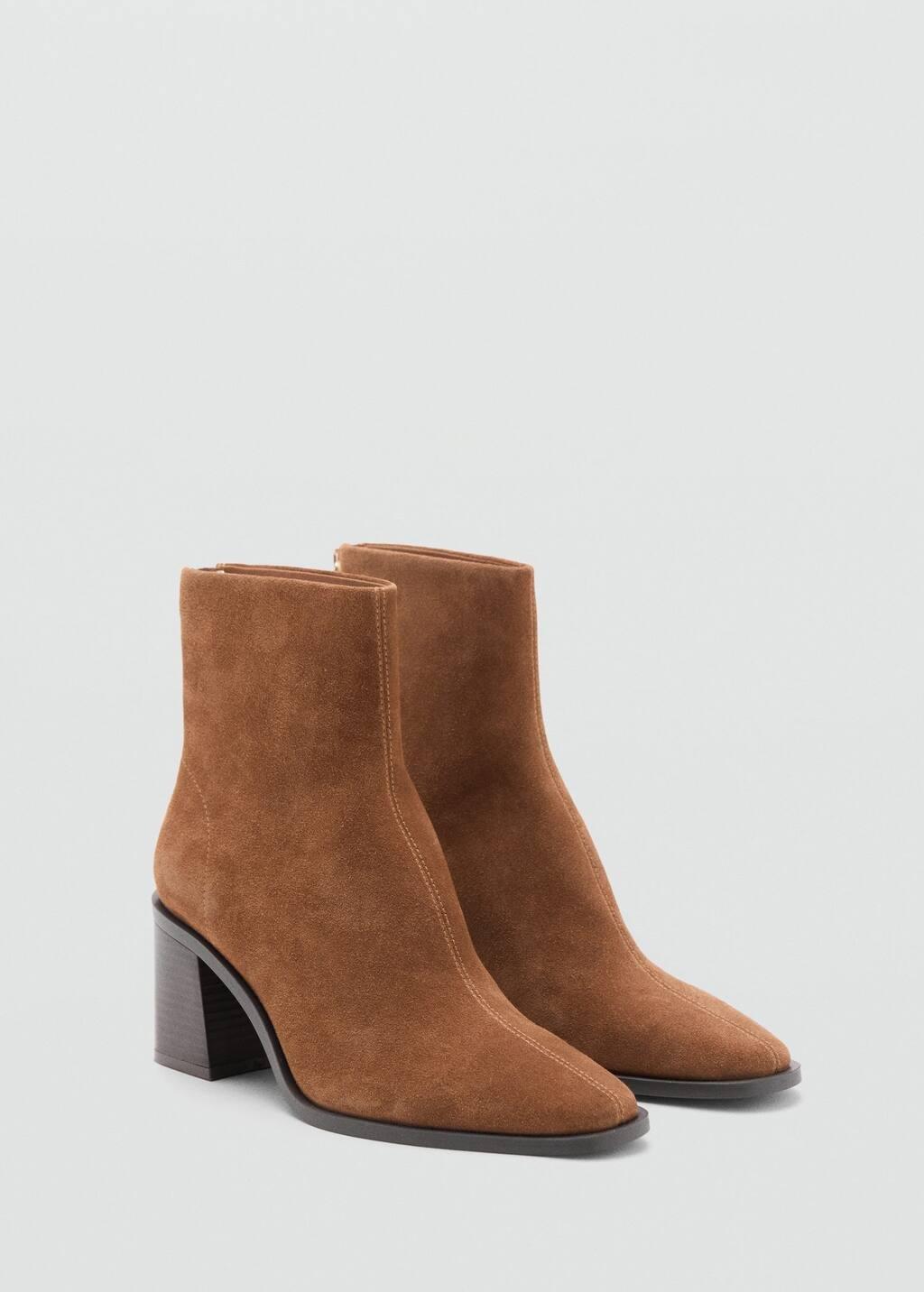 Brown Suede Leather Ankle Boots With Block Heel, , medium