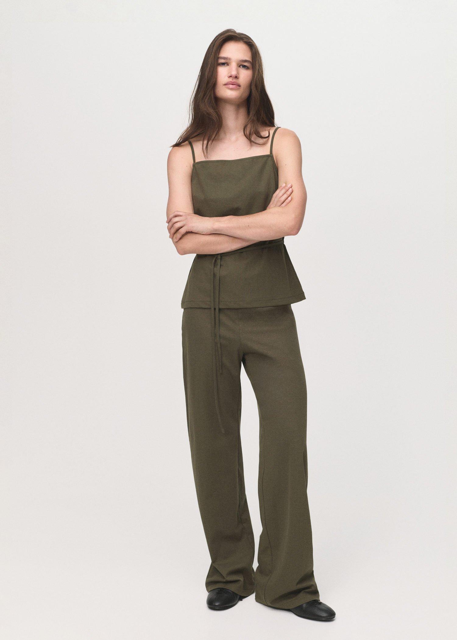 Khaki Cotton top with waist tie, , large image number 0