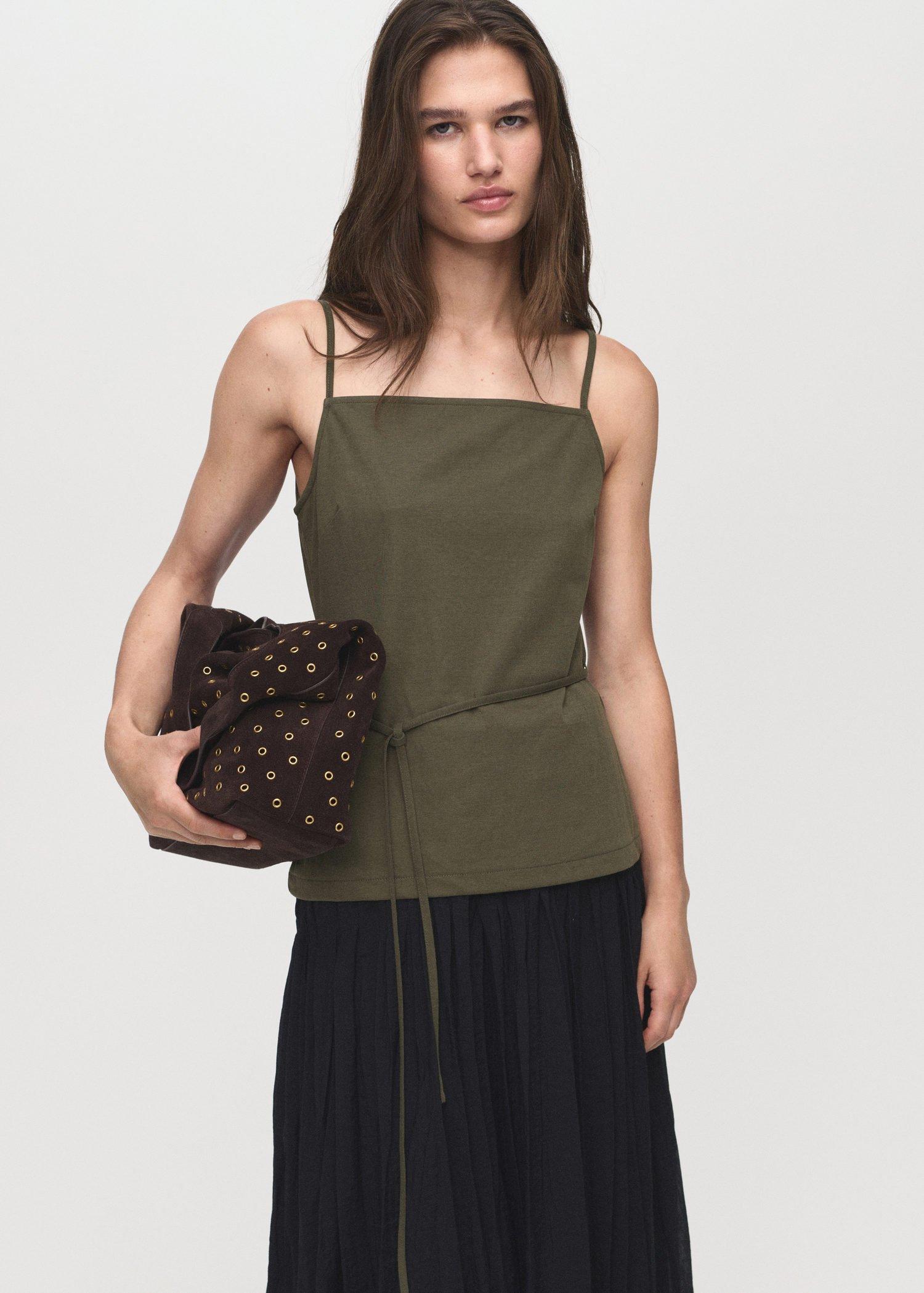 Khaki Cotton top with waist tie, , large image number 4