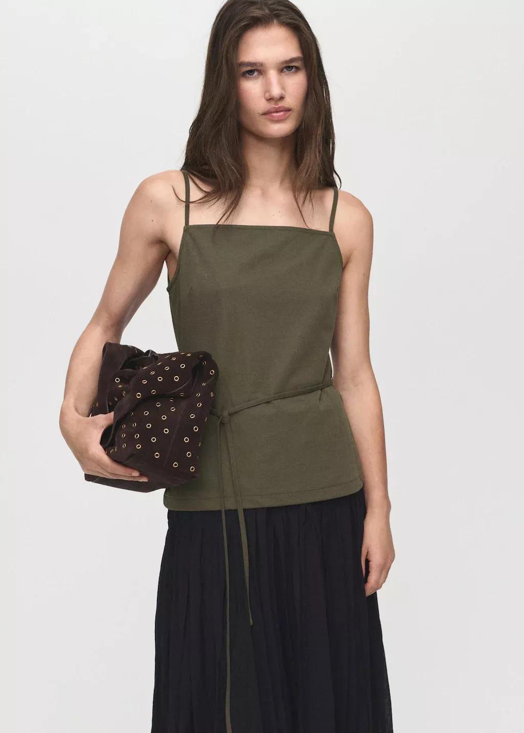 Khaki Cotton top with waist tie, , large image number 5
