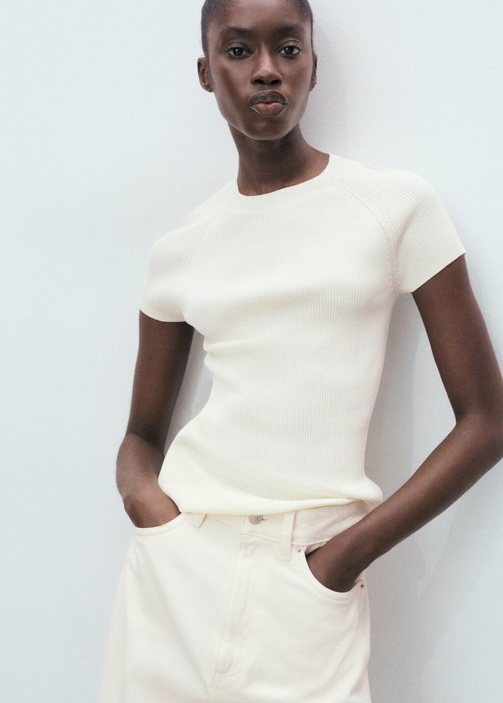 LIGHT BEIGE Ribbed-knit short-sleeved sweater, 0201_05, medium