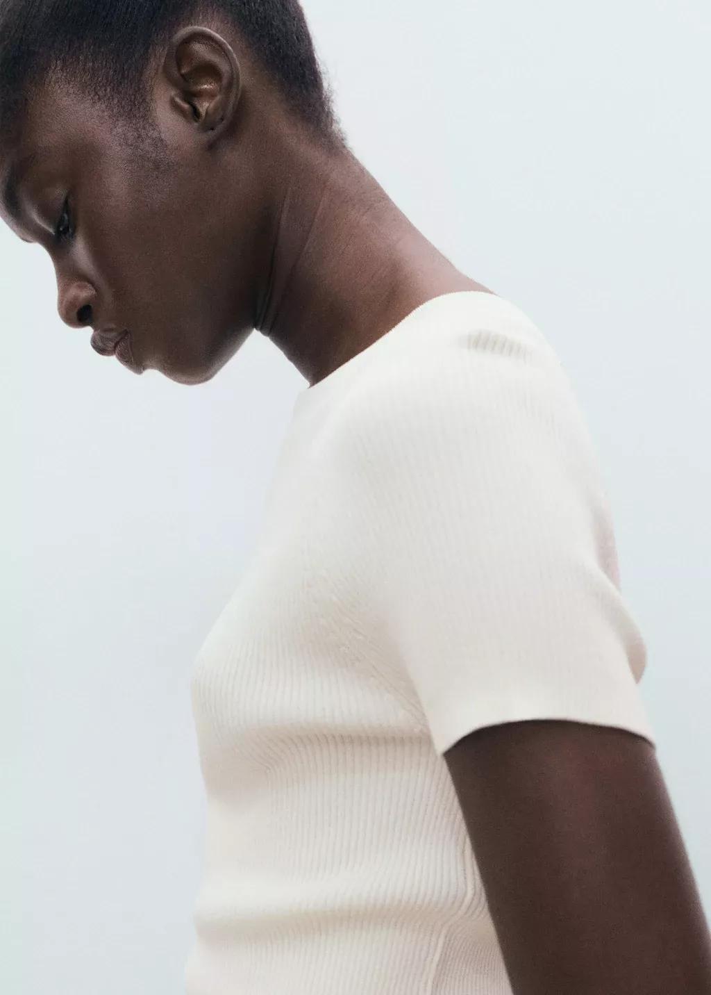LIGHT BEIGE Ribbed-knit short-sleeved sweater, , large image number 1
