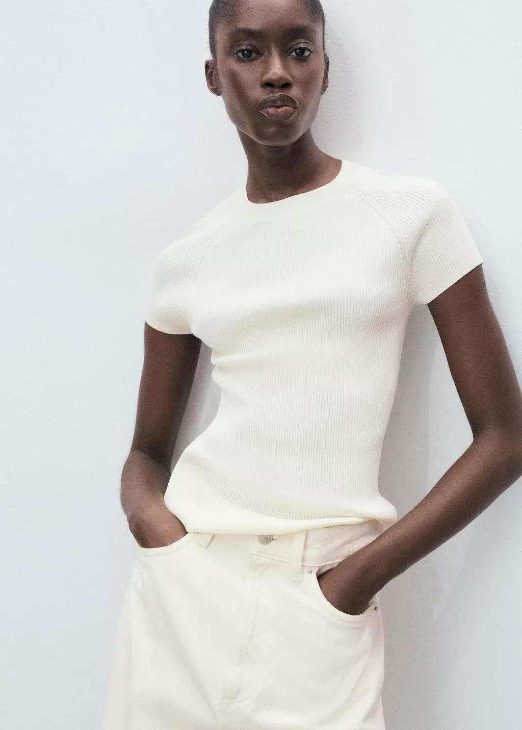 LIGHT BEIGE Ribbed-knit short-sleeved sweater, 0201_05, medium