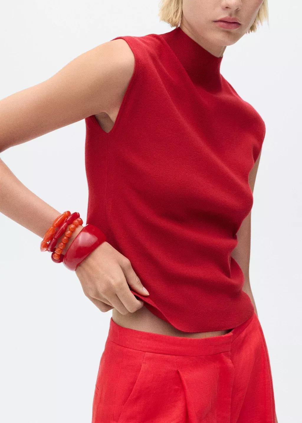 Red Perkins-Neck Knitted Top, Red, large image number 1