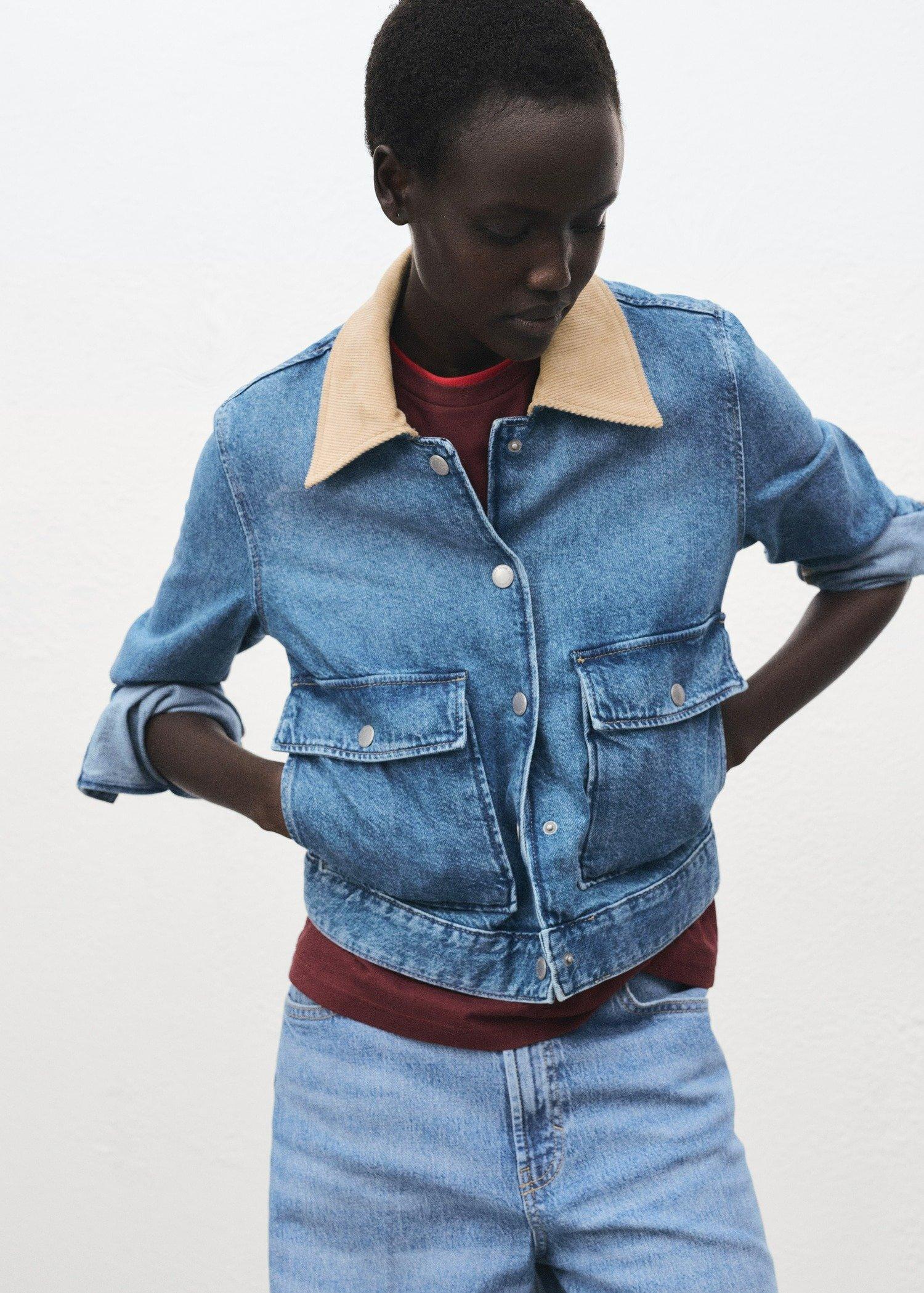 Blue Corduroy Collar Denim Jacket, , large image number 0