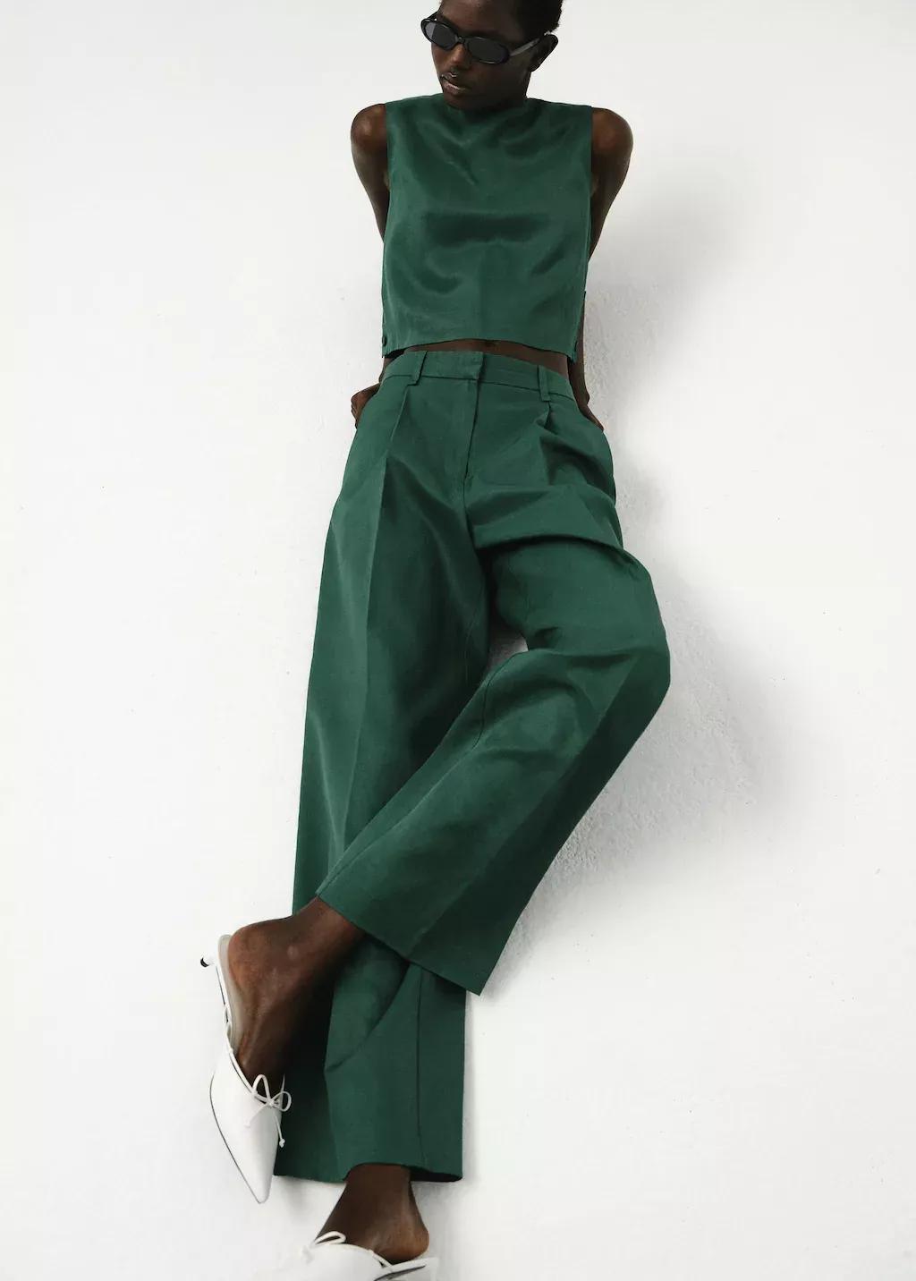 Green Straight-Fit Linen-Blend Suit Trousers, , large image number 0
