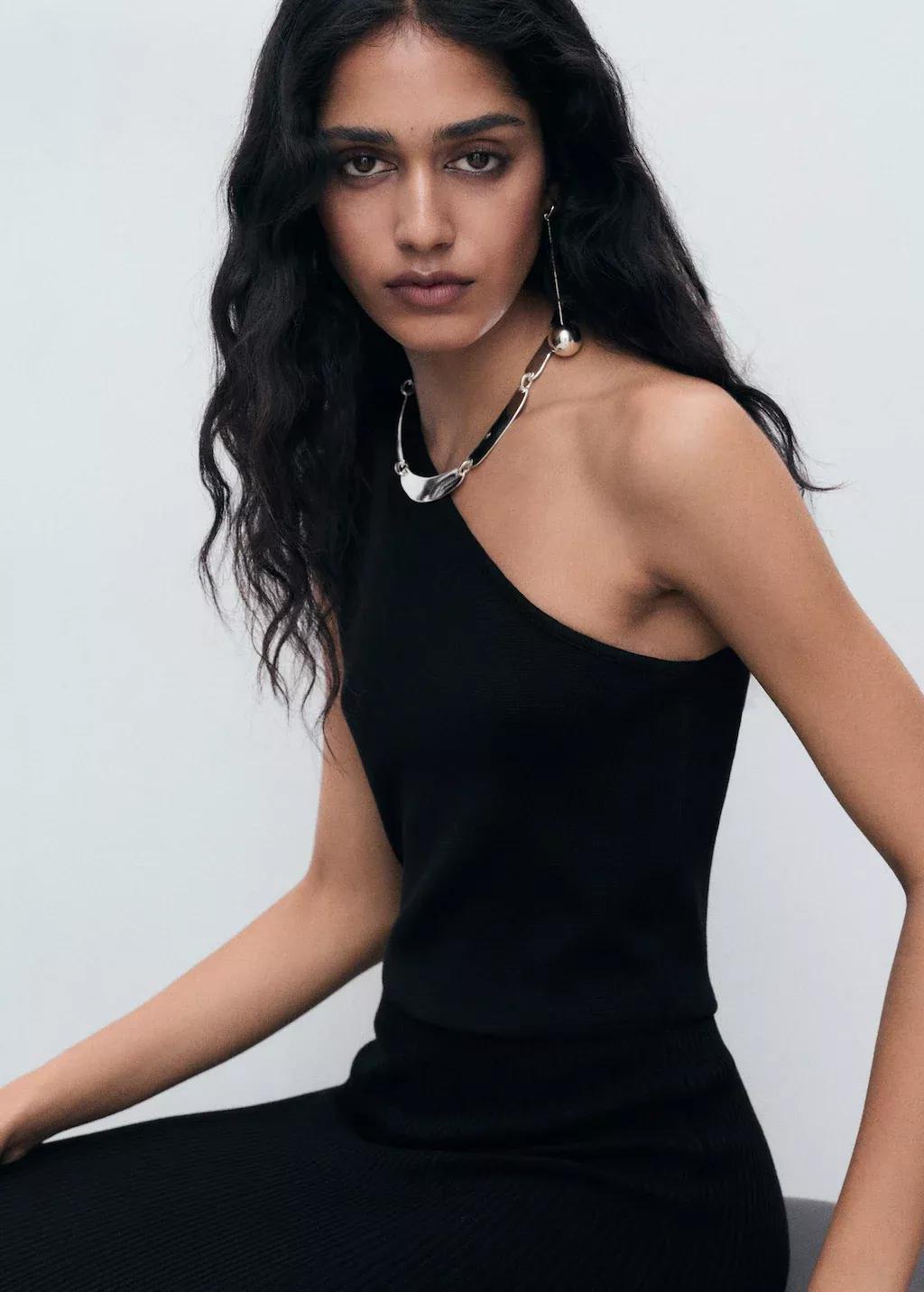 Black Asymmetric Combined Knit Dress, , large image number 2