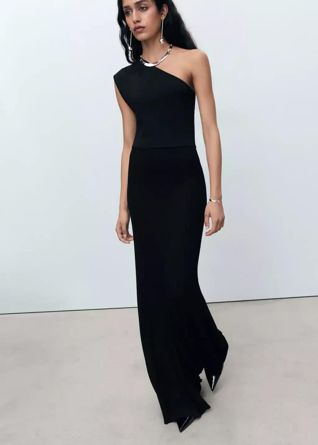 Black Asymmetric Combined Knit Dress, , large image number 4