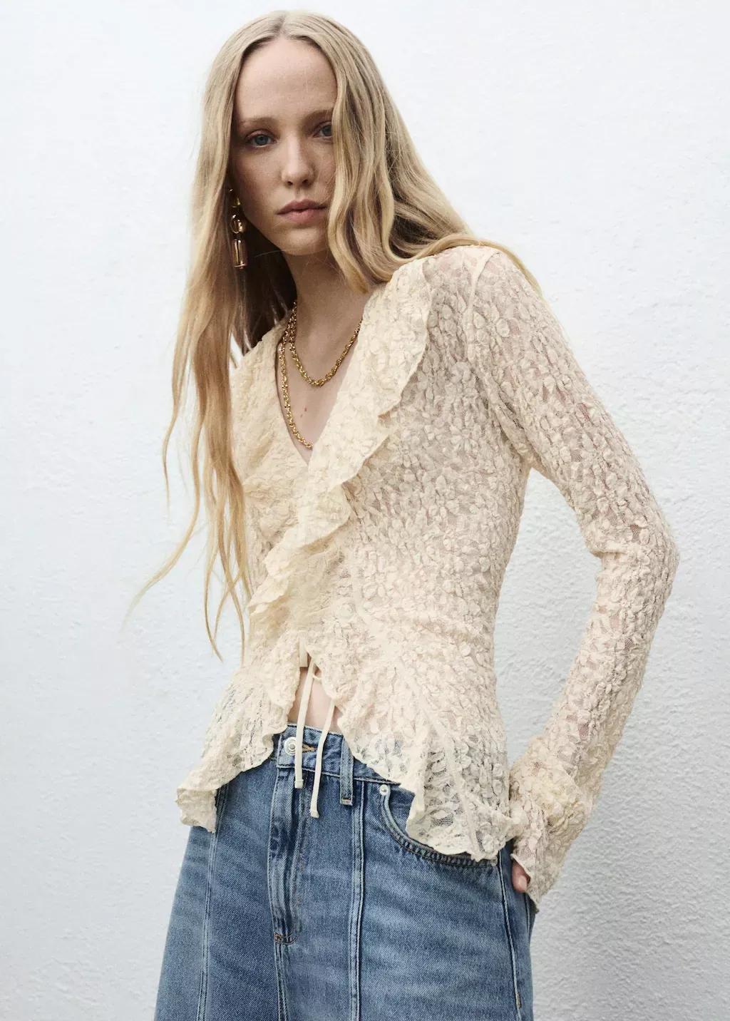 LIGHT BEIGE Lace blouse with ruffles, Light Beige, large image number 0