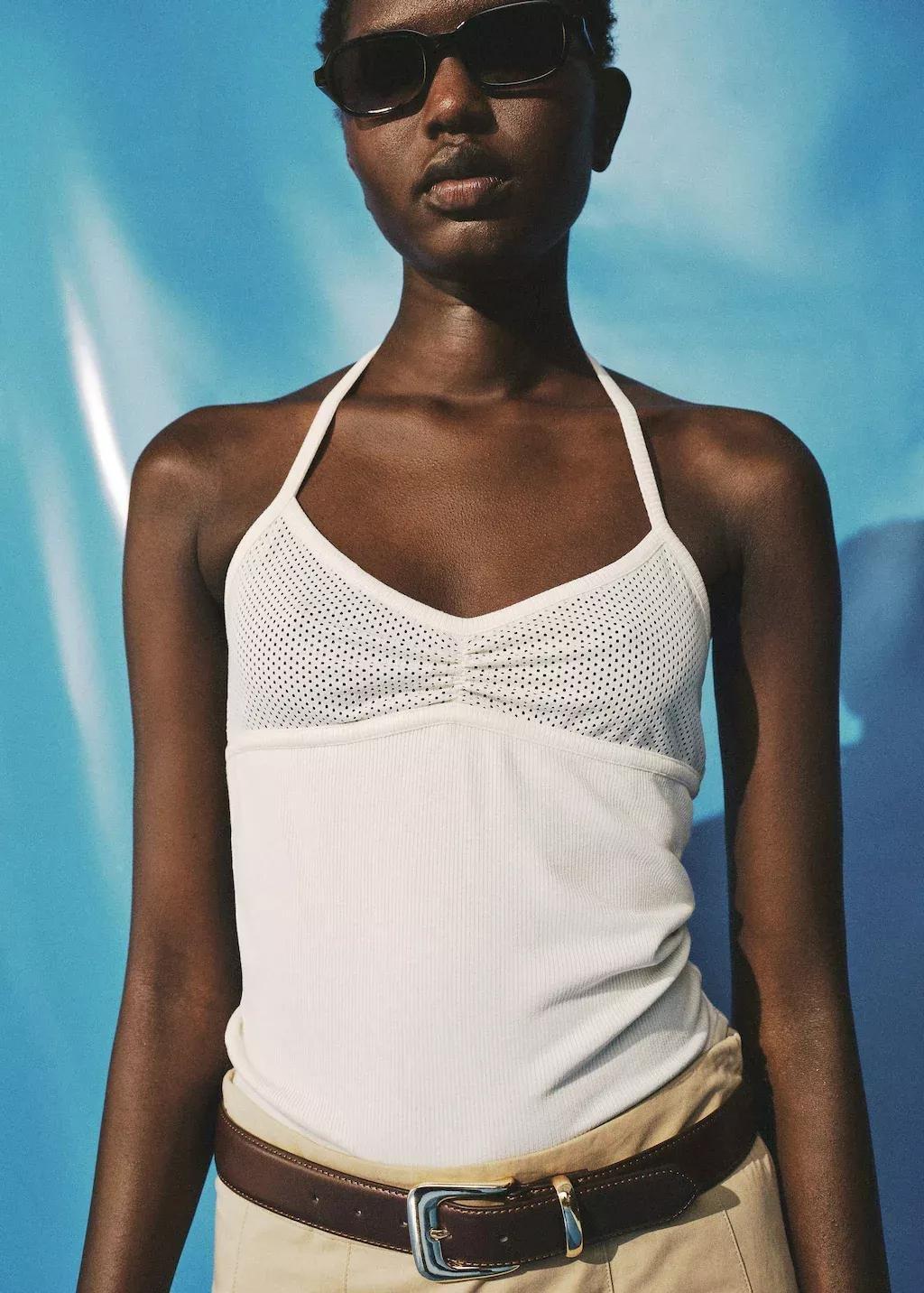 White Top With Perforated Neckline, Natural White, large image number 0
