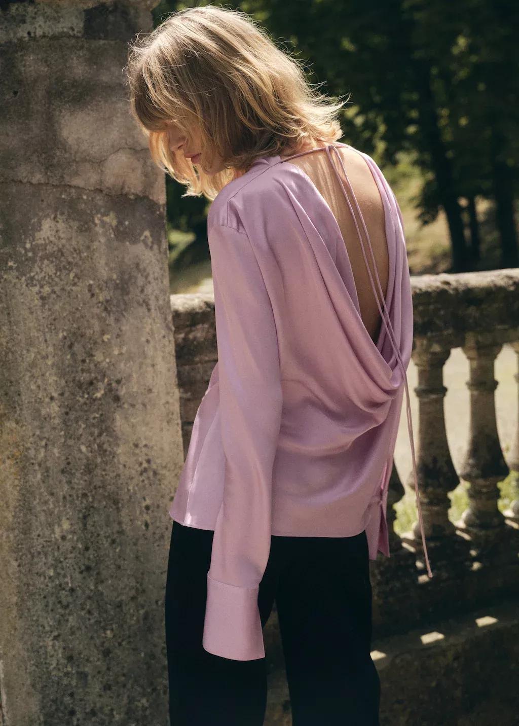 Pink Satin Blouse With Draped Back, , medium