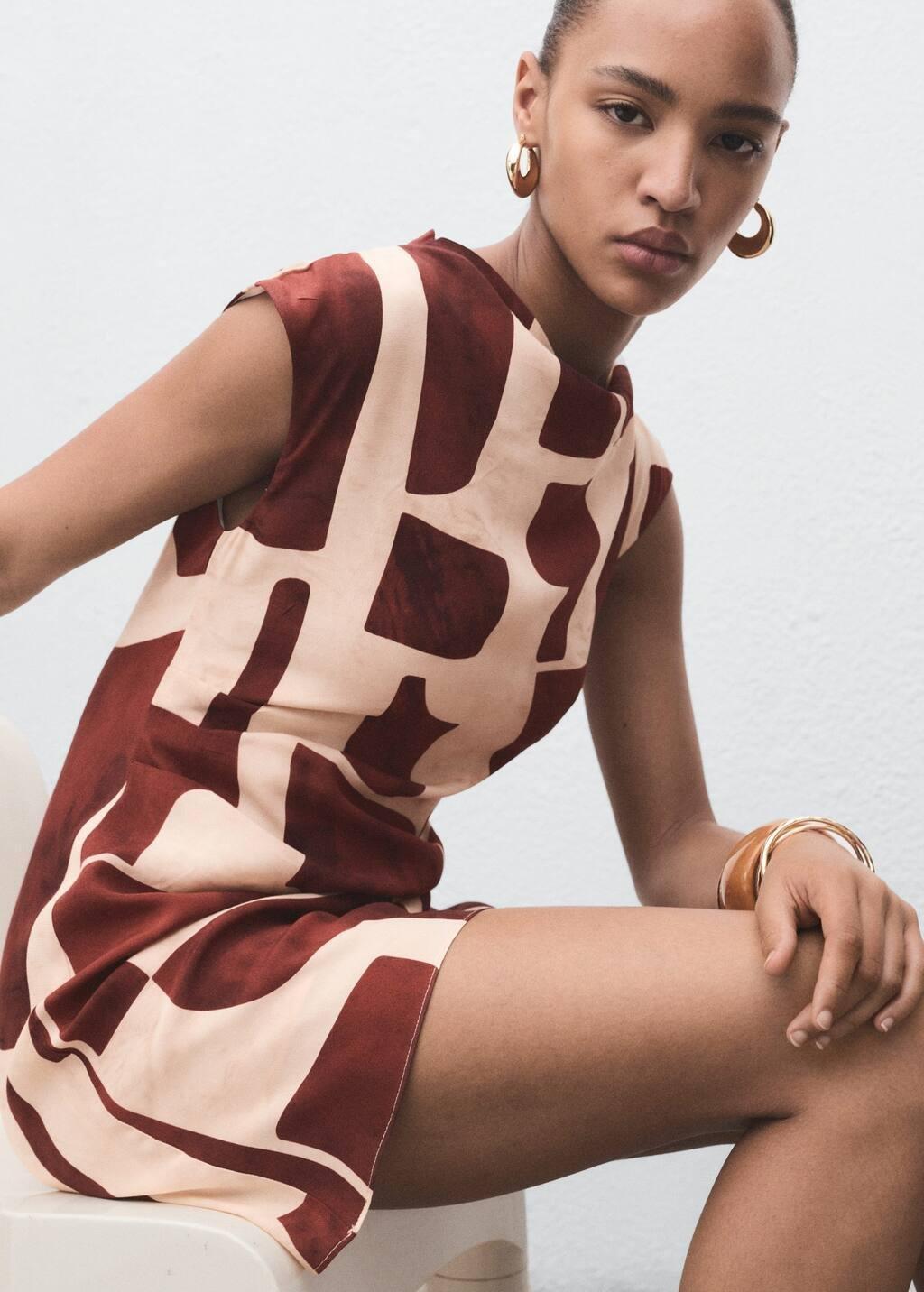 Beige Draped Neck Printed Dress, Light Beige, medium