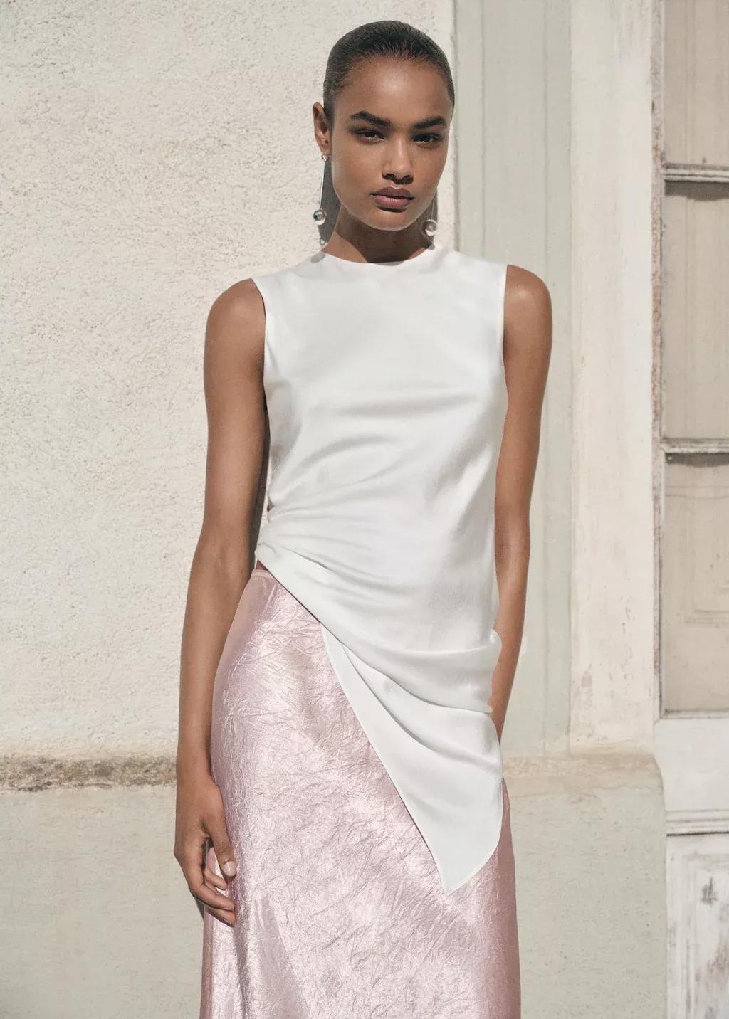 Pink Lt Pastel Satin skirt with wrinkled effect, Light-Pastel Pink, medium