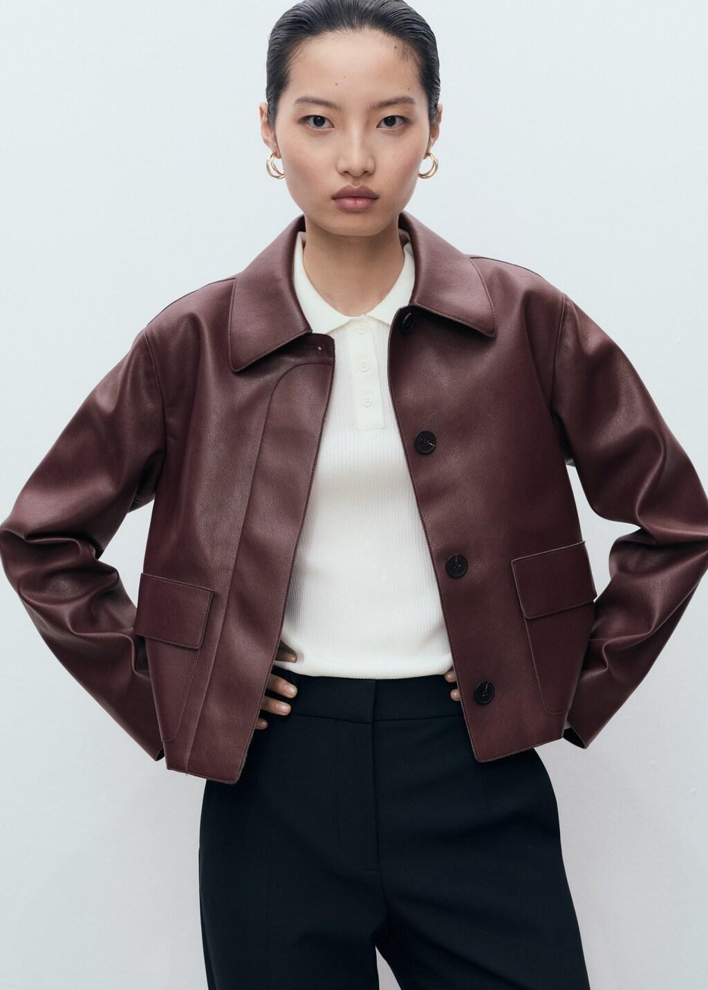 Burgundy Leather-Effect Jacket With Pockets, , large image number 3