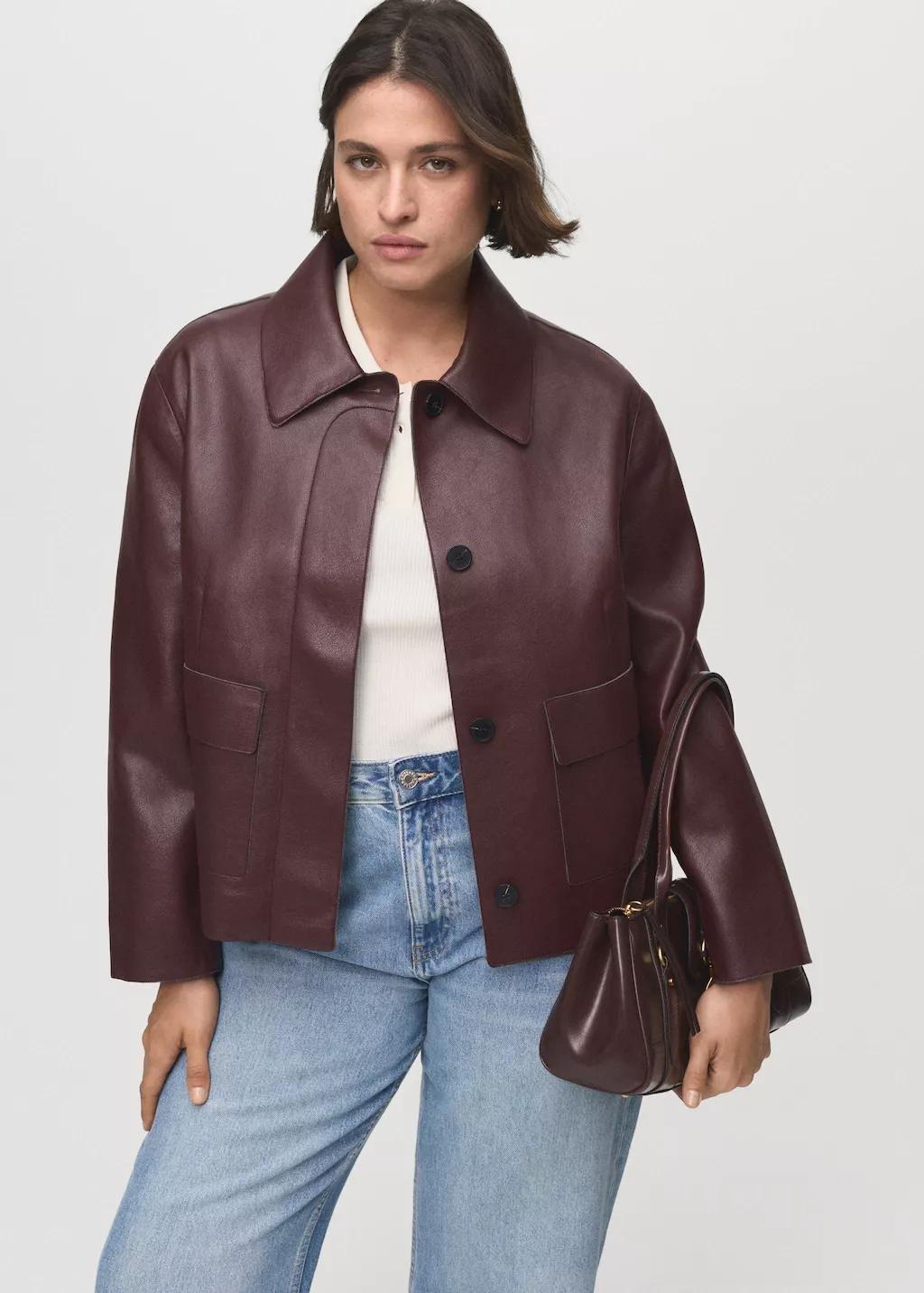 Burgundy Leather-Effect Jacket With Pockets, , large image number 6