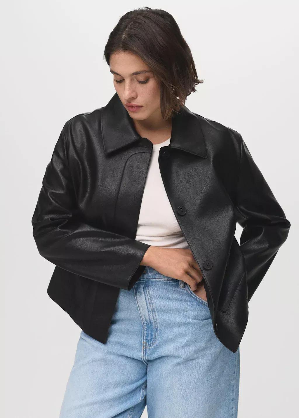 Black Leather-Effect Jacket With Pockets, , large image number 6