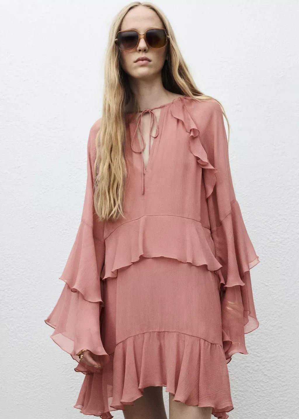 Pink Flared Dress With Ruffled Sleeves, Pink, large image number 0