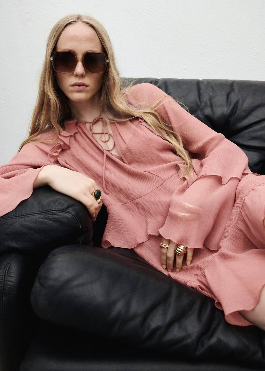 Pink Flared Dress With Ruffled Sleeves, Pink, large image number 2