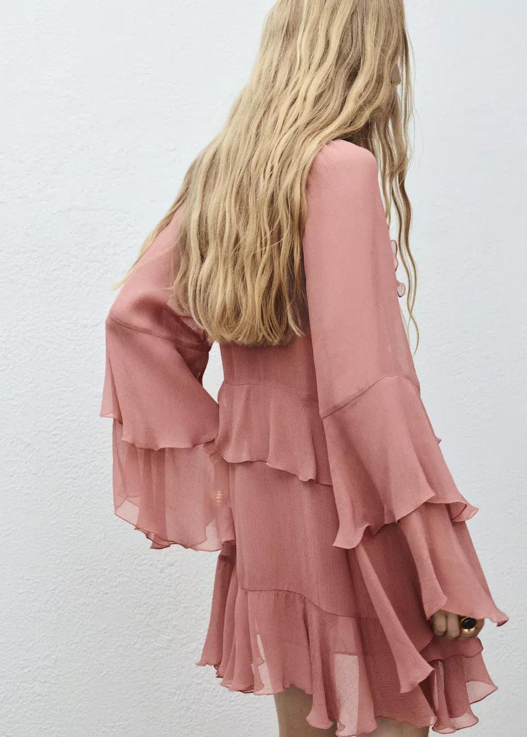 Pink Flared Dress With Ruffled Sleeves, Pink, large image number 5