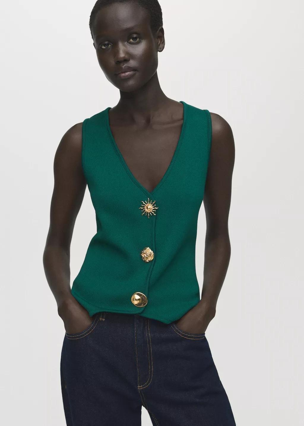 DARK GREEN Knitted waistcoat with jewel buttons, , large image number 3