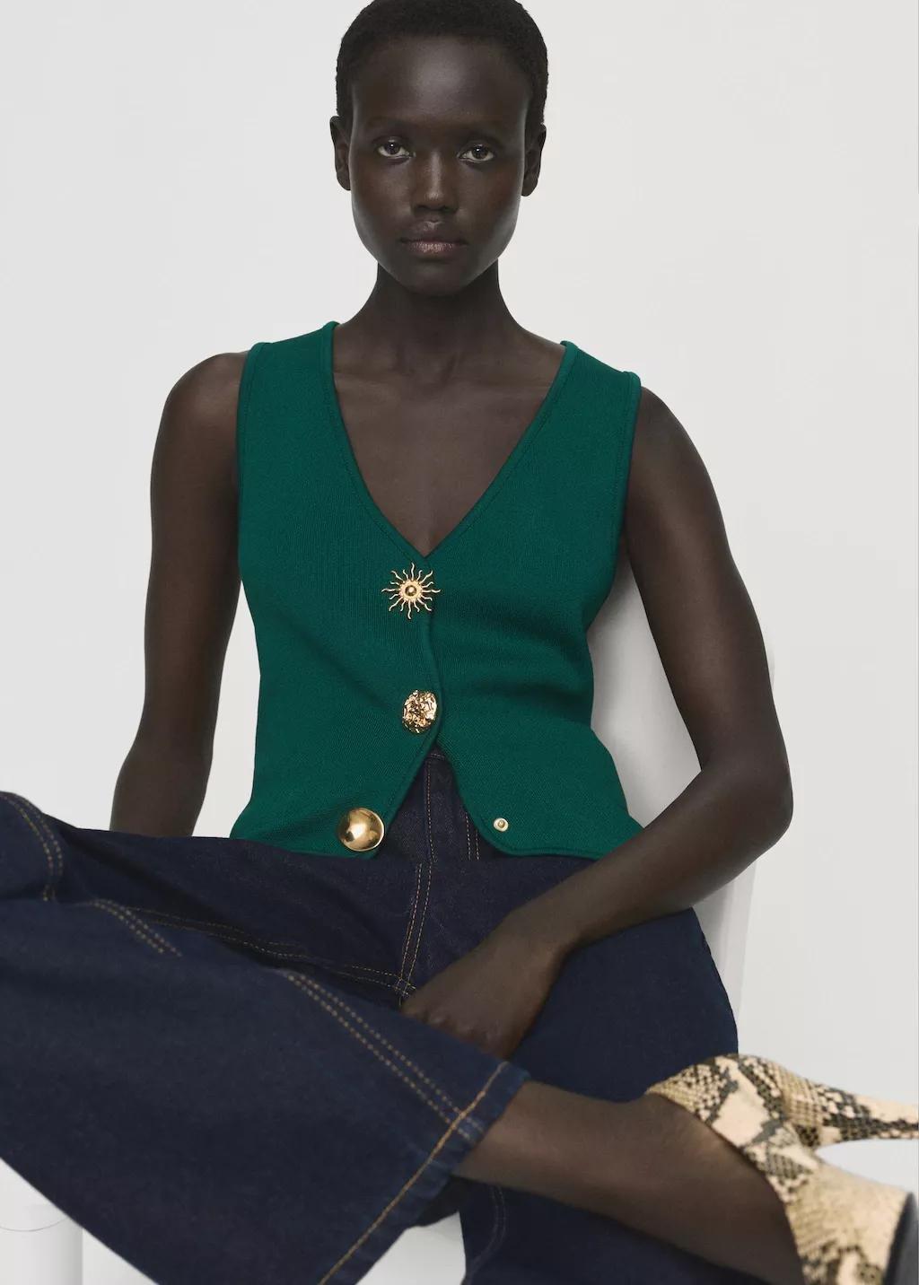 DARK GREEN Knitted waistcoat with jewel buttons, , large image number 7