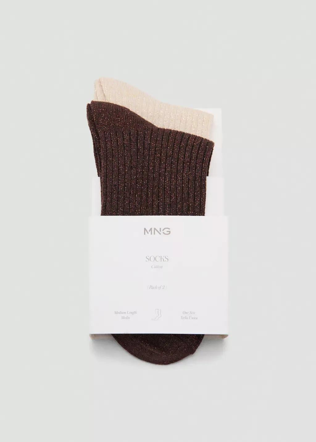 Brown Pack Of 2 Ribbed Lurex Socks, Dark Brown, large image number 2
