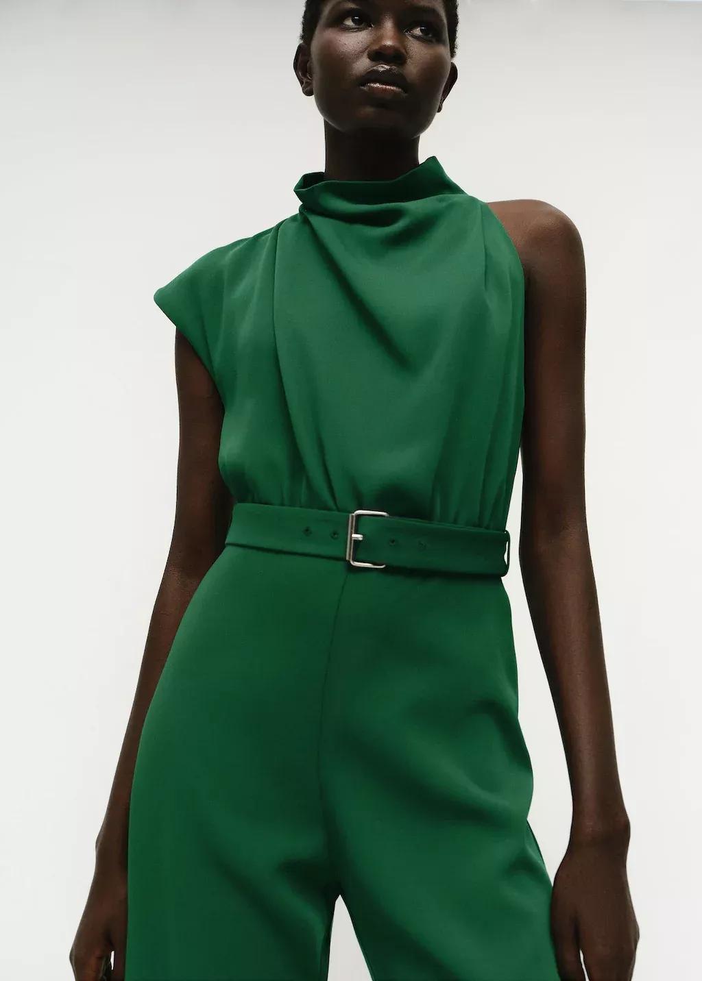 Green Asymmetrical Long Jumpsuit With Belt, , large image number 0