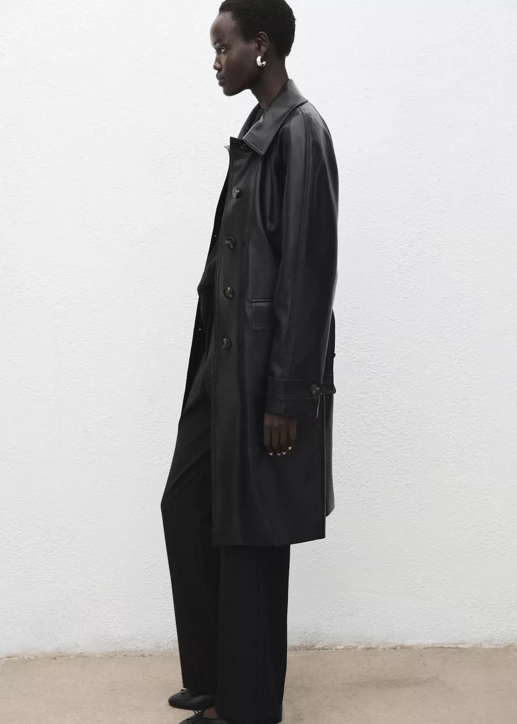 Black Long Faux-Leather Trench Coat With Belt, 0201_99, large image number 0