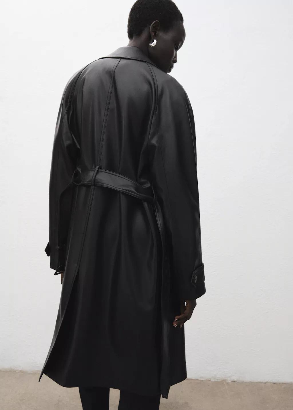 Black Long Faux-Leather Trench Coat With Belt, 0201_99, large image number 2