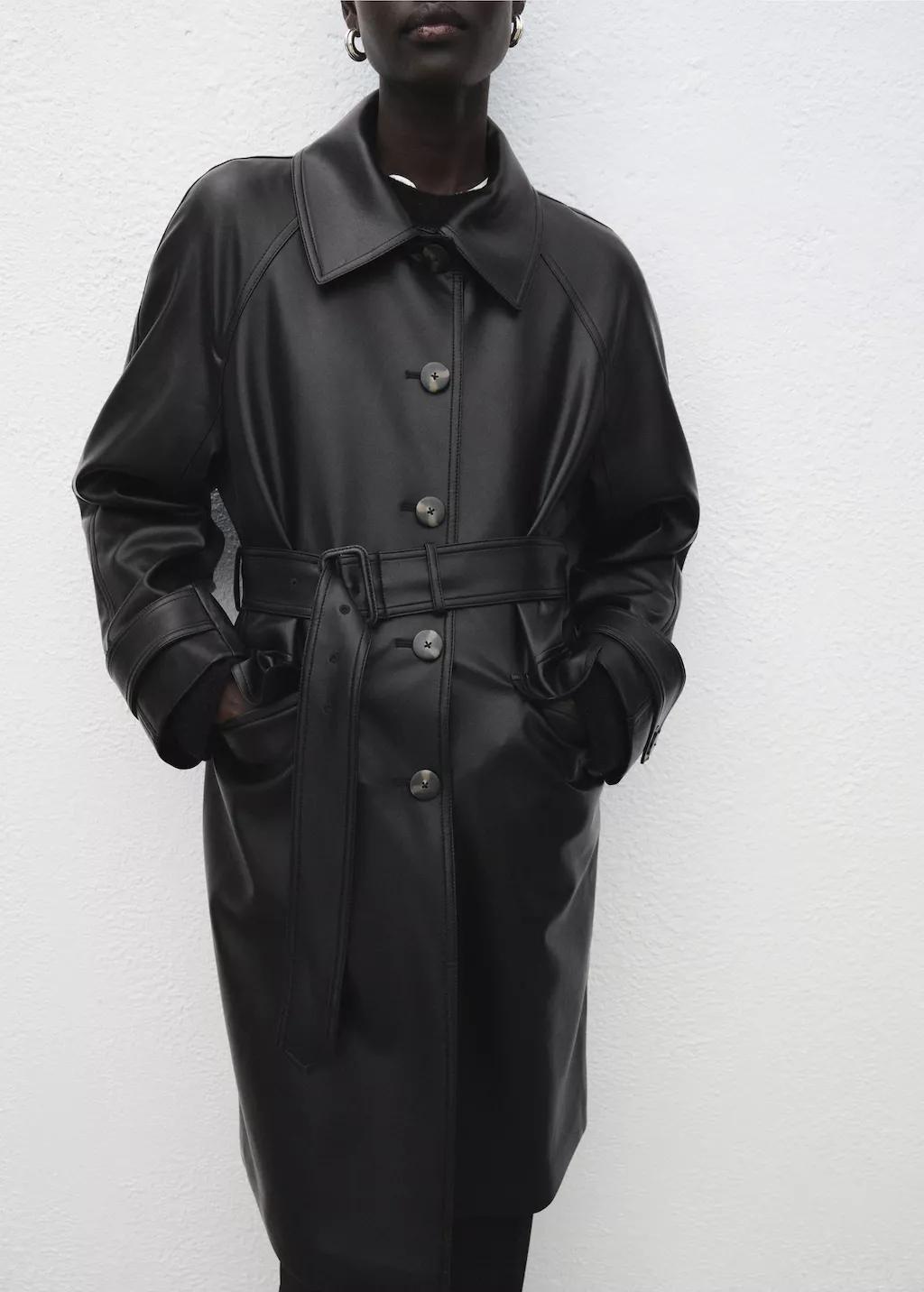 Black Long Faux-Leather Trench Coat With Belt, 0201_99, large image number 6