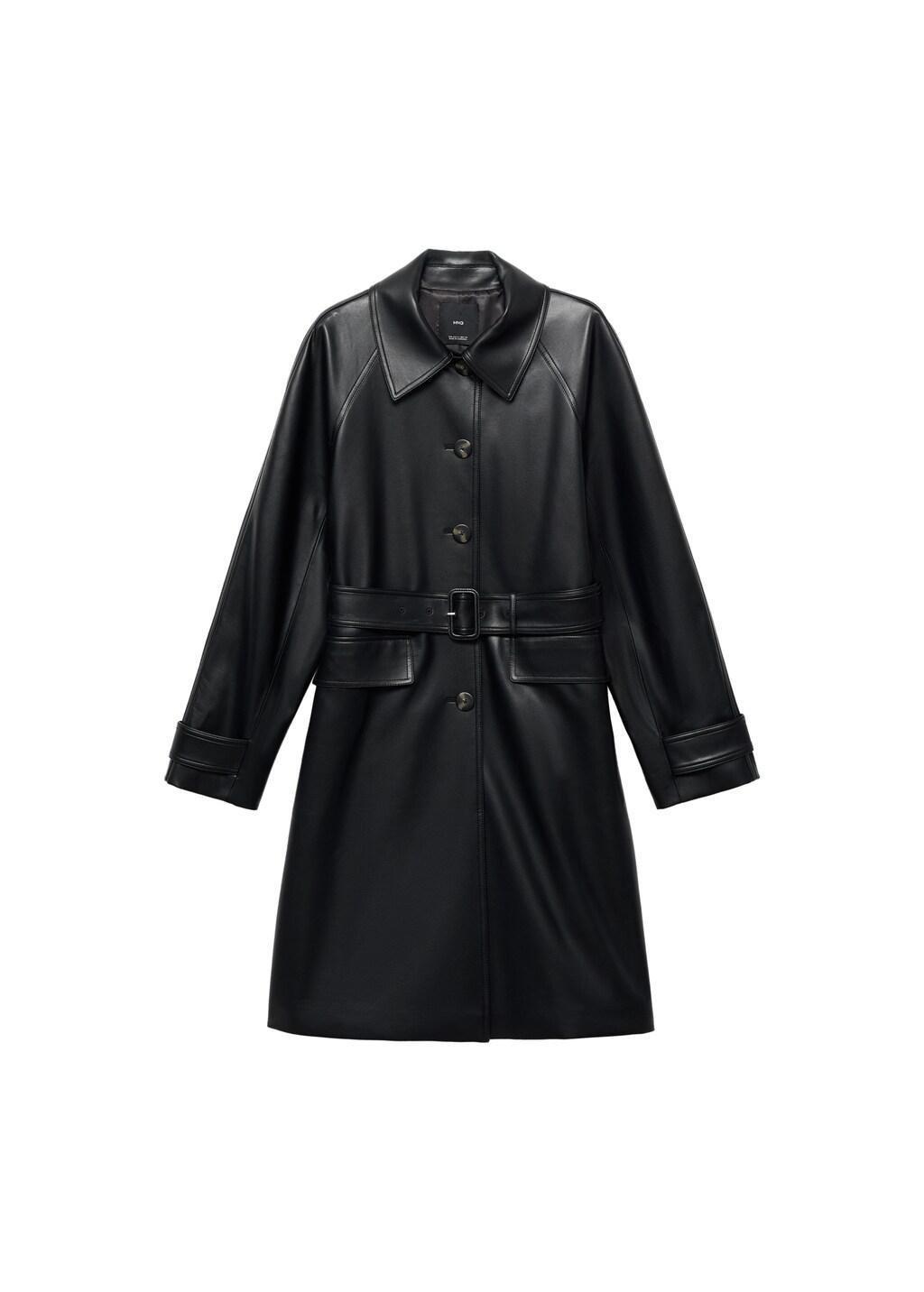 Black Long Faux-Leather Trench Coat With Belt, 0201_99, large image number 7
