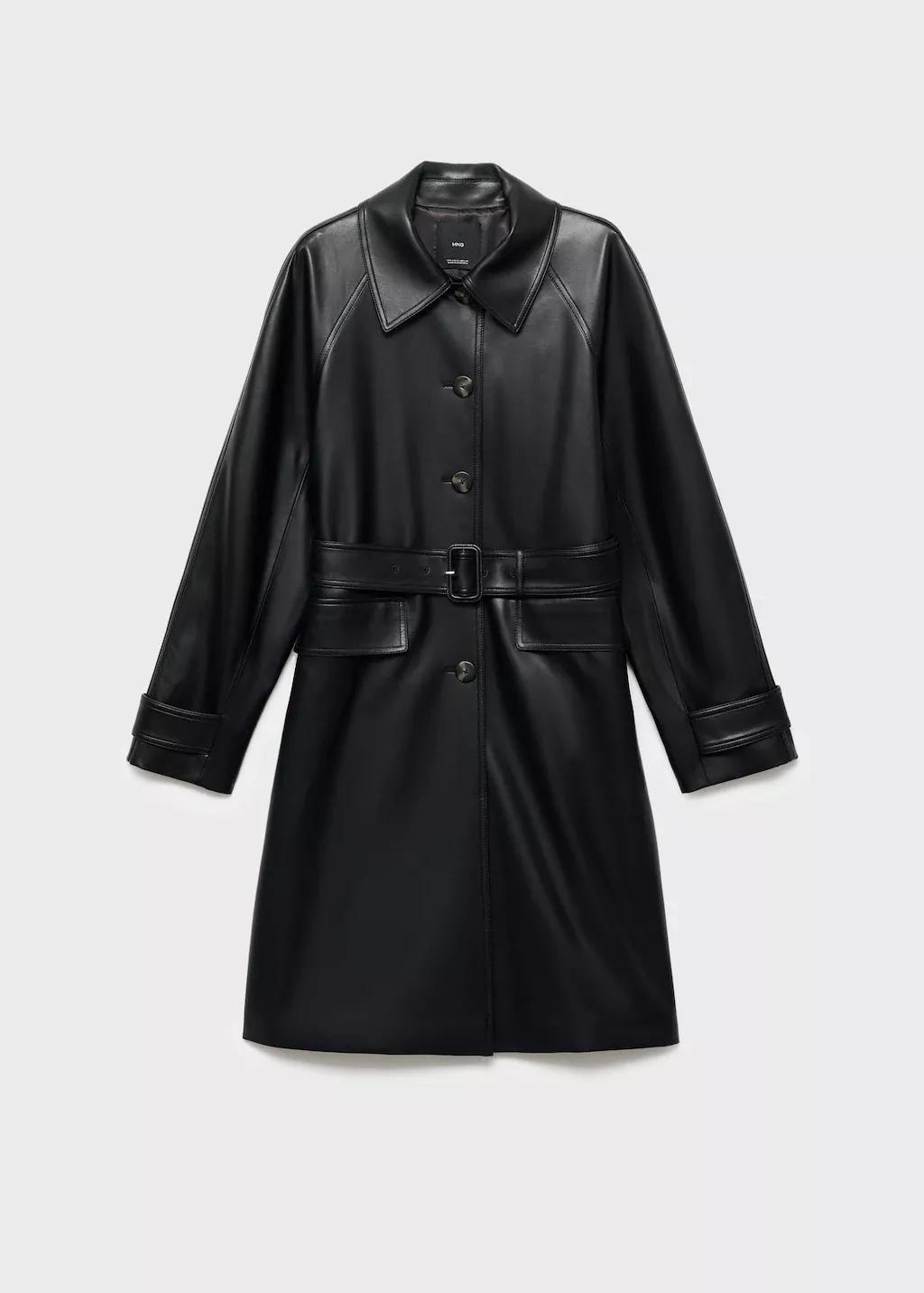 Black Long Faux-Leather Trench Coat With Belt, 0201_99, large image number 8