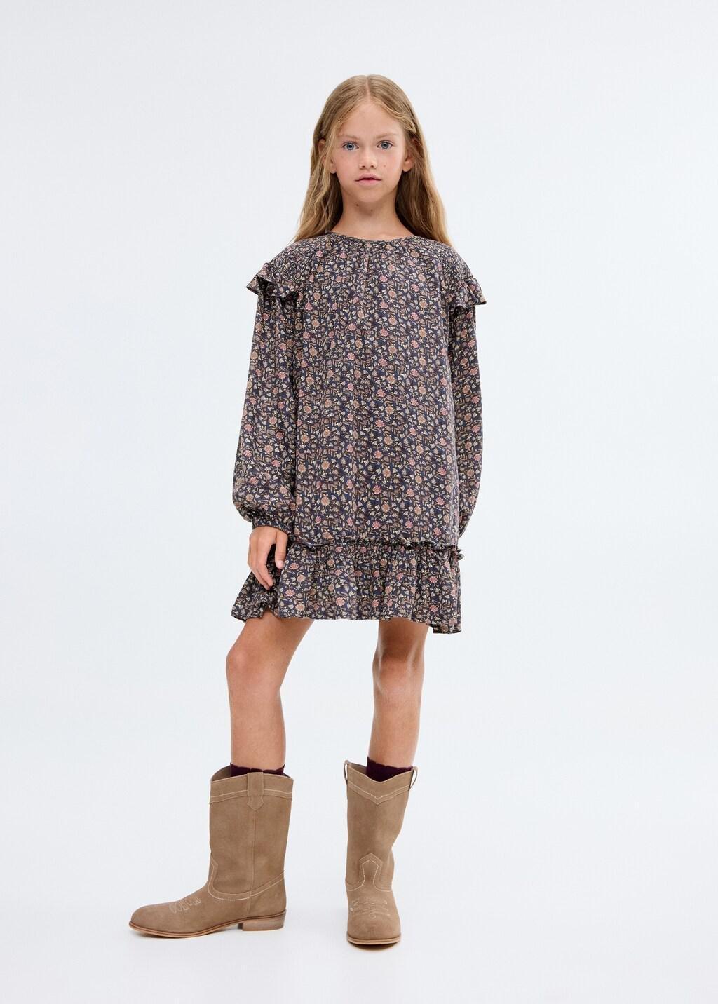 Navy Ruffled Printed Dress, Kids Girls, Navy, medium