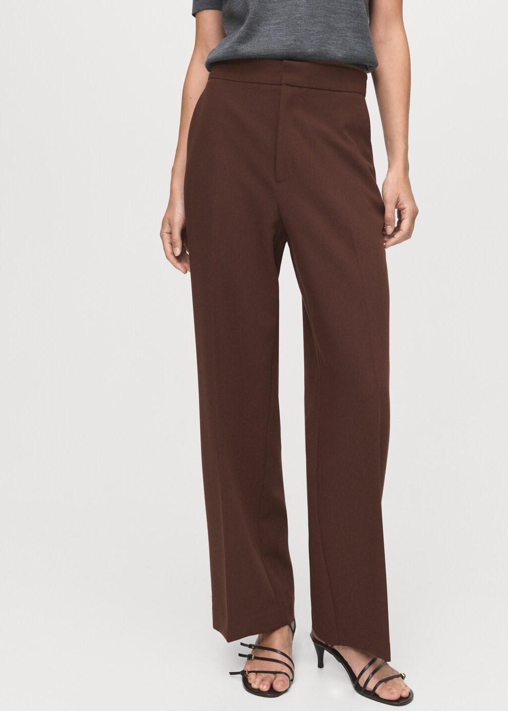 Brown High-Waist Straight Trousers, Dark Brown, large image number 3