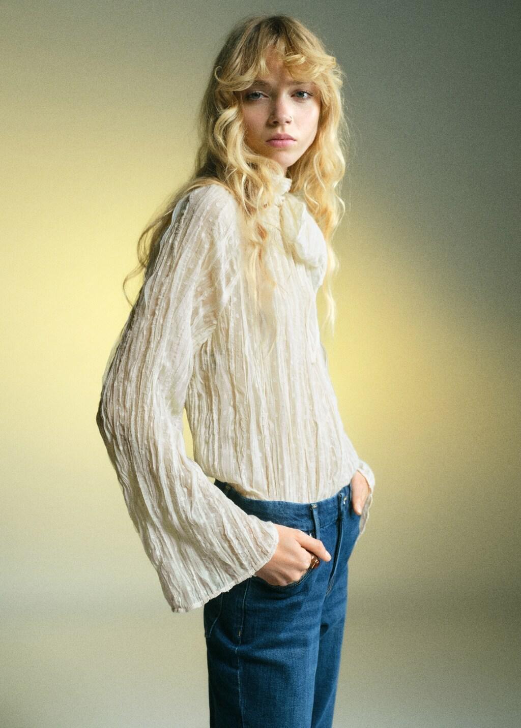 Natural White Bow Textured Blouse, 0201_02, large image number 3