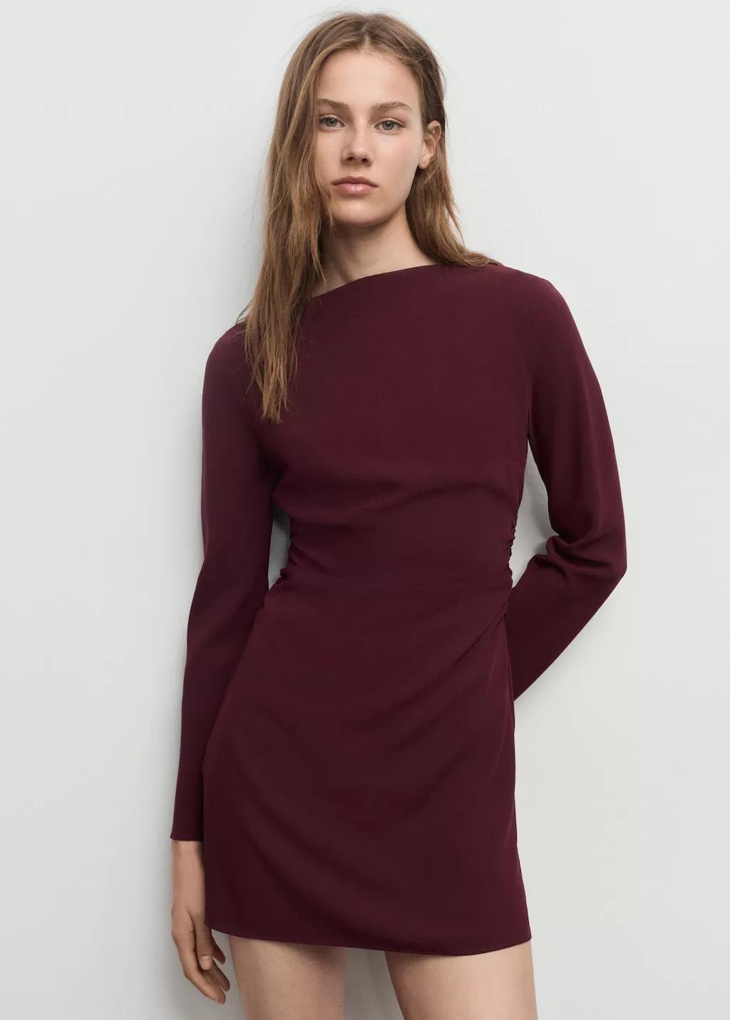 DARK RED Boat-neck ruched dress, 0201_76, large image number 3