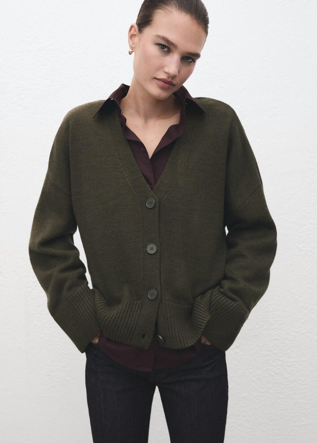 Khaki Oversized V-Neck Cardigan, 0201_37, large image number 3