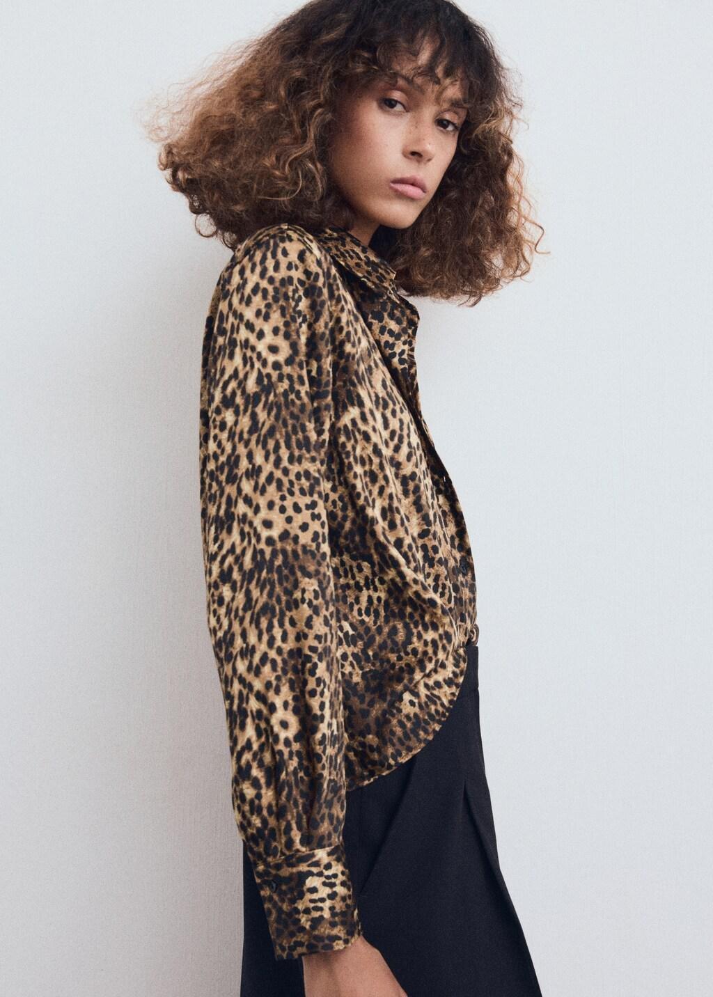 Brown Leopard-Print Satin Shirt, Brown, large image number 3