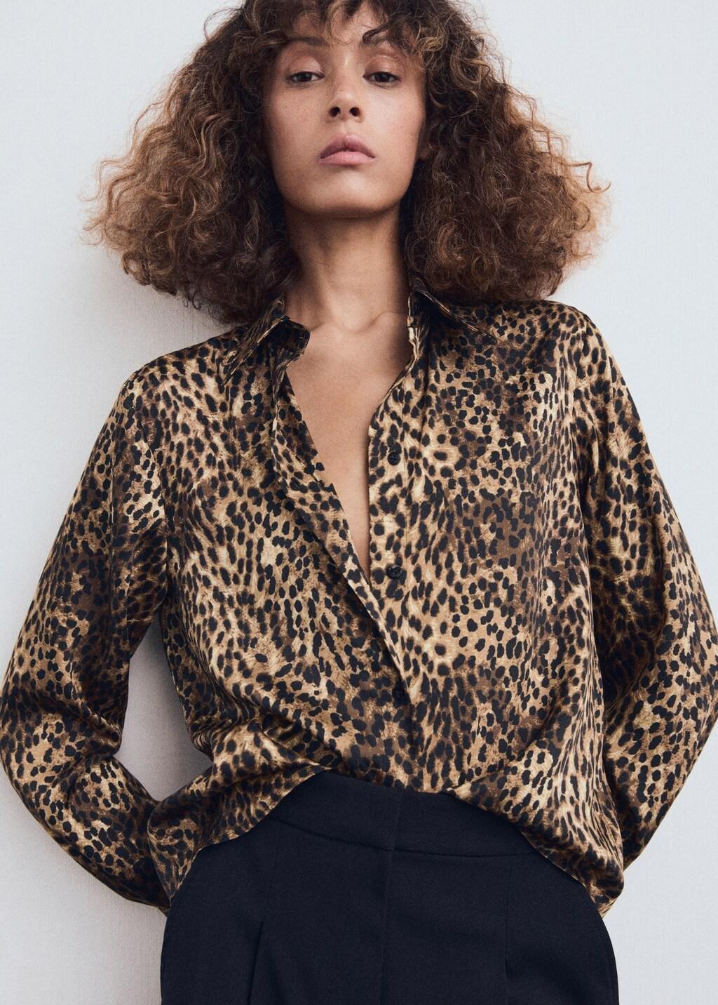 Brown Leopard-Print Satin Shirt, Brown, large image number 4