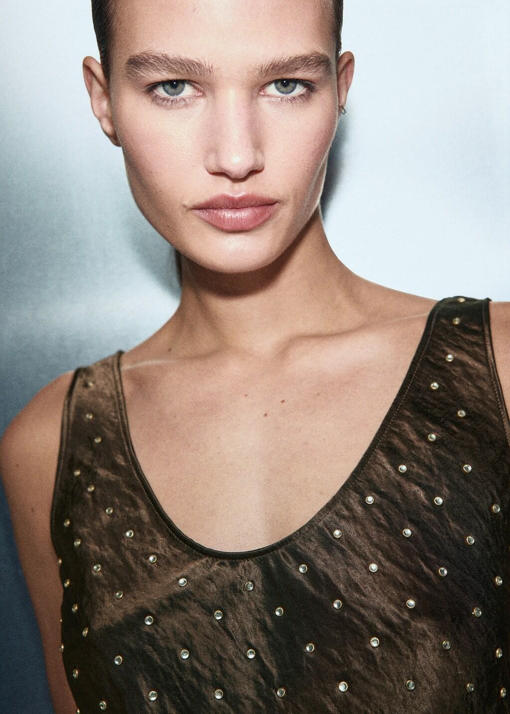 Brown Satin Crinkled-Effect Top With Crystals, Brown, large image number 4