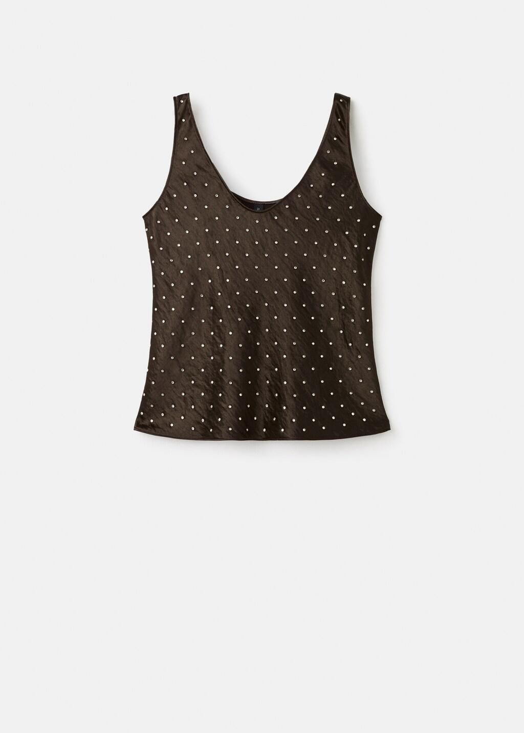 Brown Satin Crinkled-Effect Top With Crystals, Brown, large image number 6