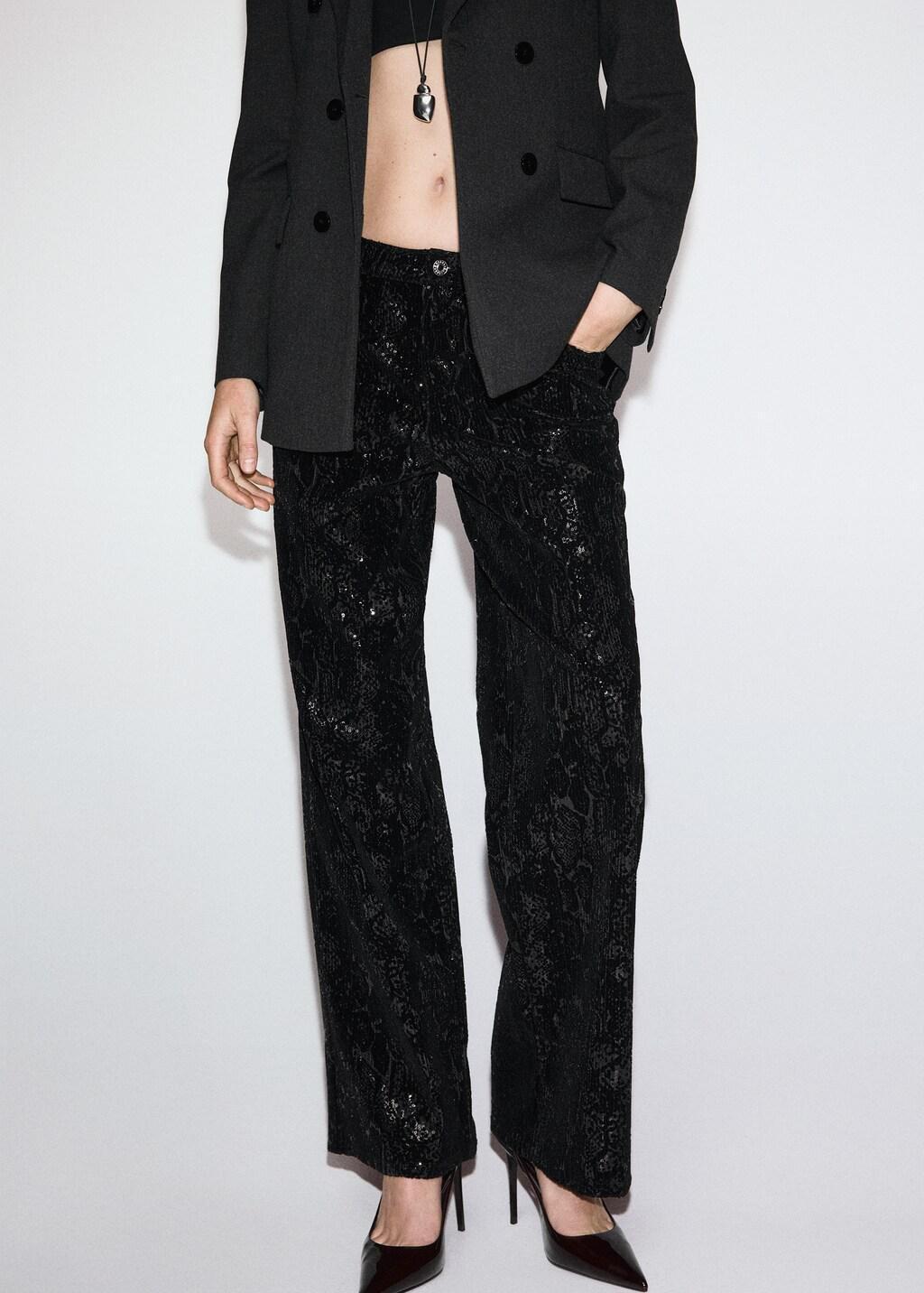 Black Straight-Leg Trousers With Sequins, Black, large image number 3