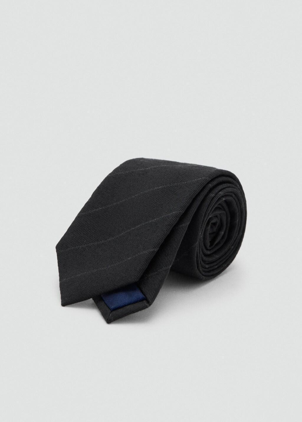 Black Striped Wool-Blend Tie, Black, medium