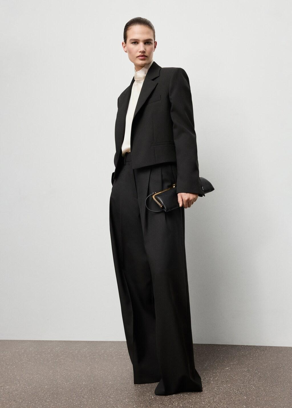 Black Crop Suit Blazer, Black, large image number 0