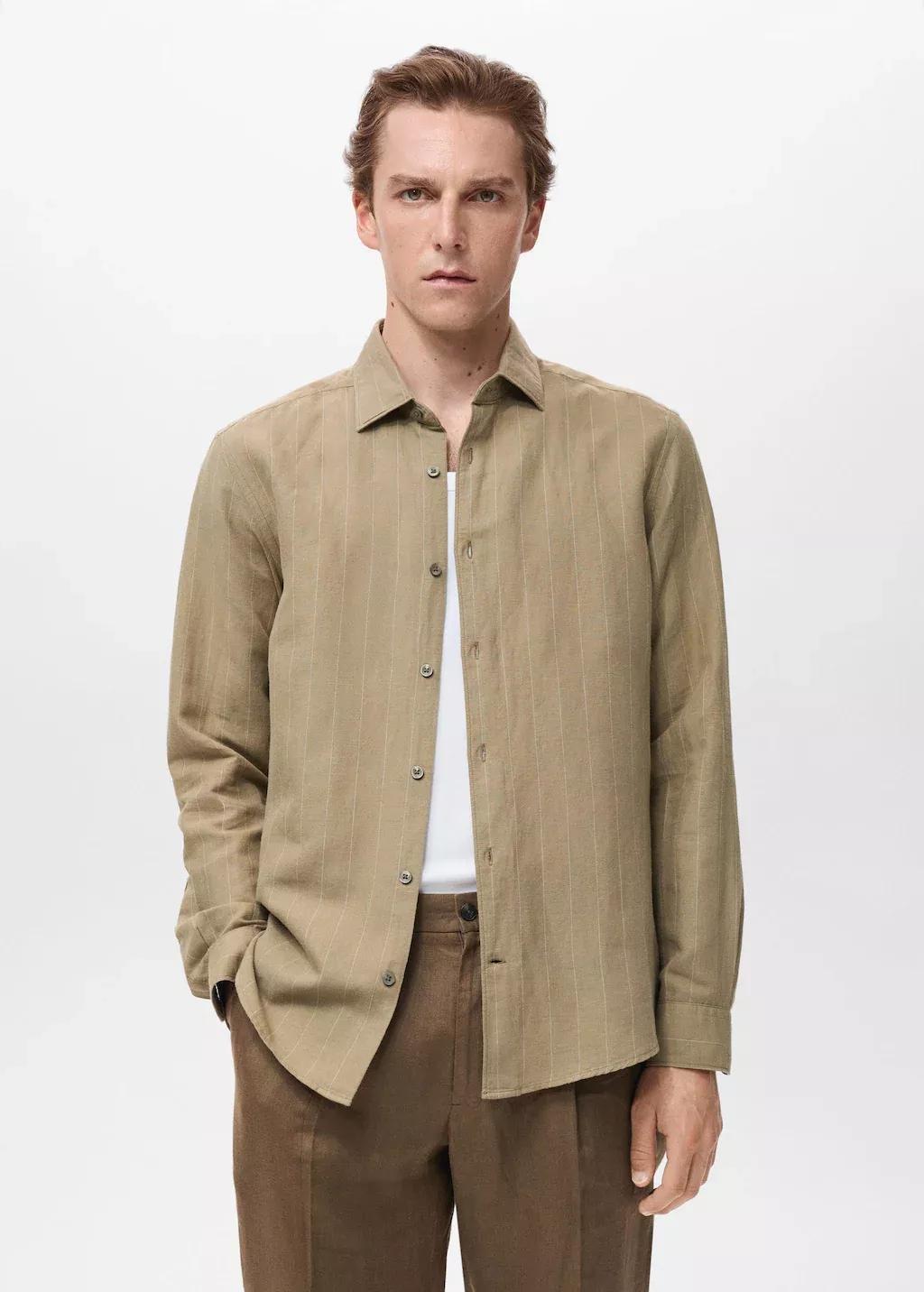 Khaki Linen Pinstripe Shirt, Beige - Khaki, large image number 0