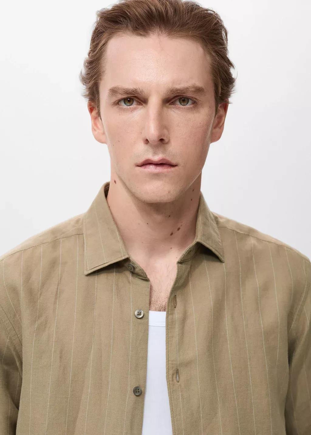 Khaki Linen Pinstripe Shirt, Beige - Khaki, large image number 1