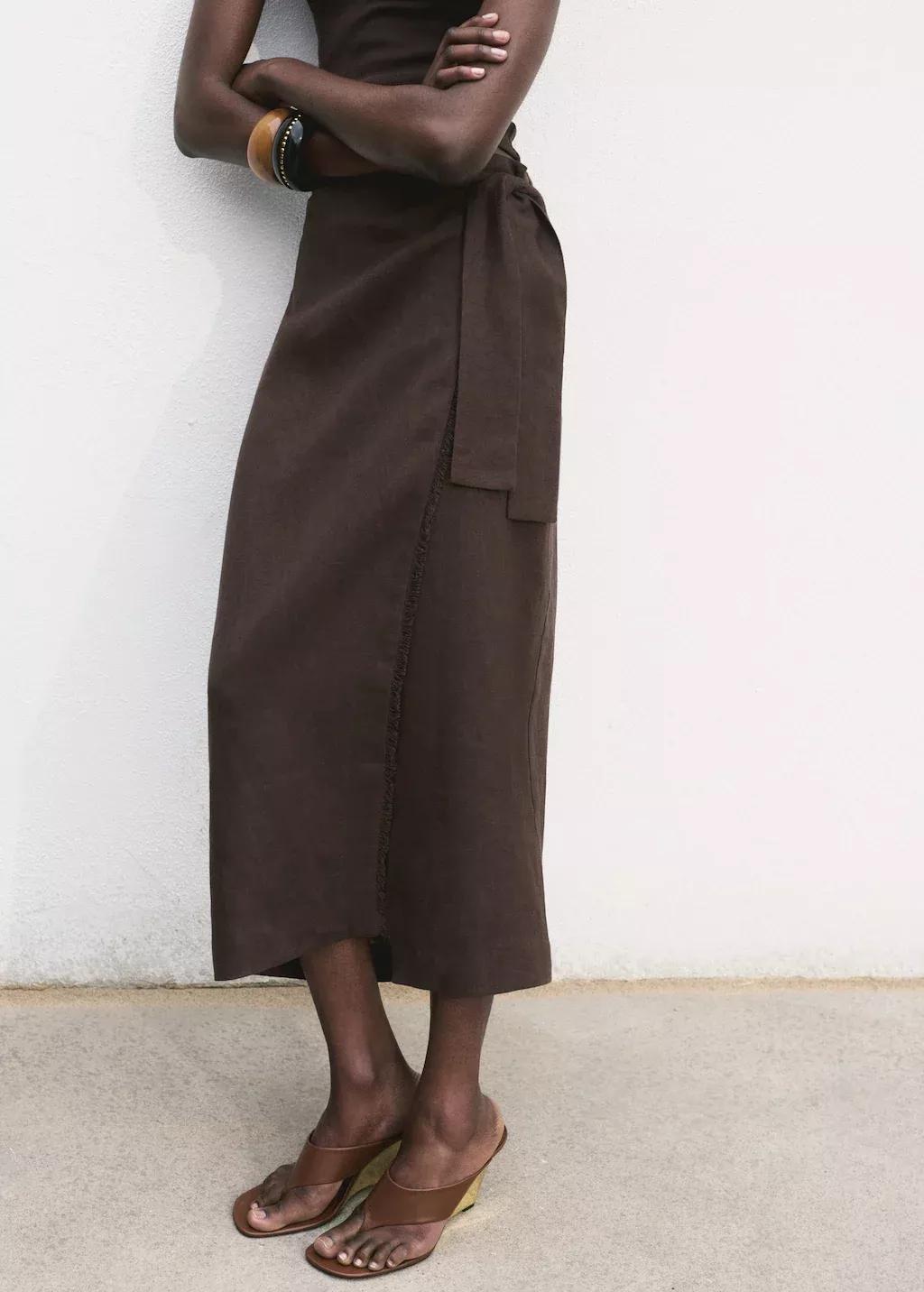 Brown Linen Pareo Skirt, Dark Brown, large image number 1