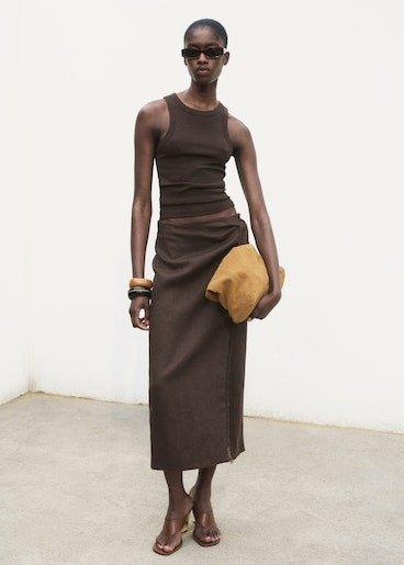 Brown Linen Pareo Skirt, Dark Brown, large image number 2